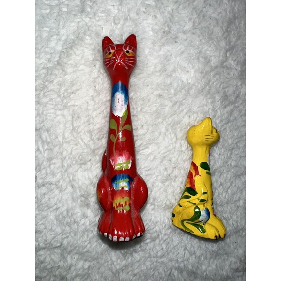 Folk Art Hand Painted Long Neck Cat Figurines 4” & 2.5” VTG MCM Anthropomorphic - Picture 9 of 16